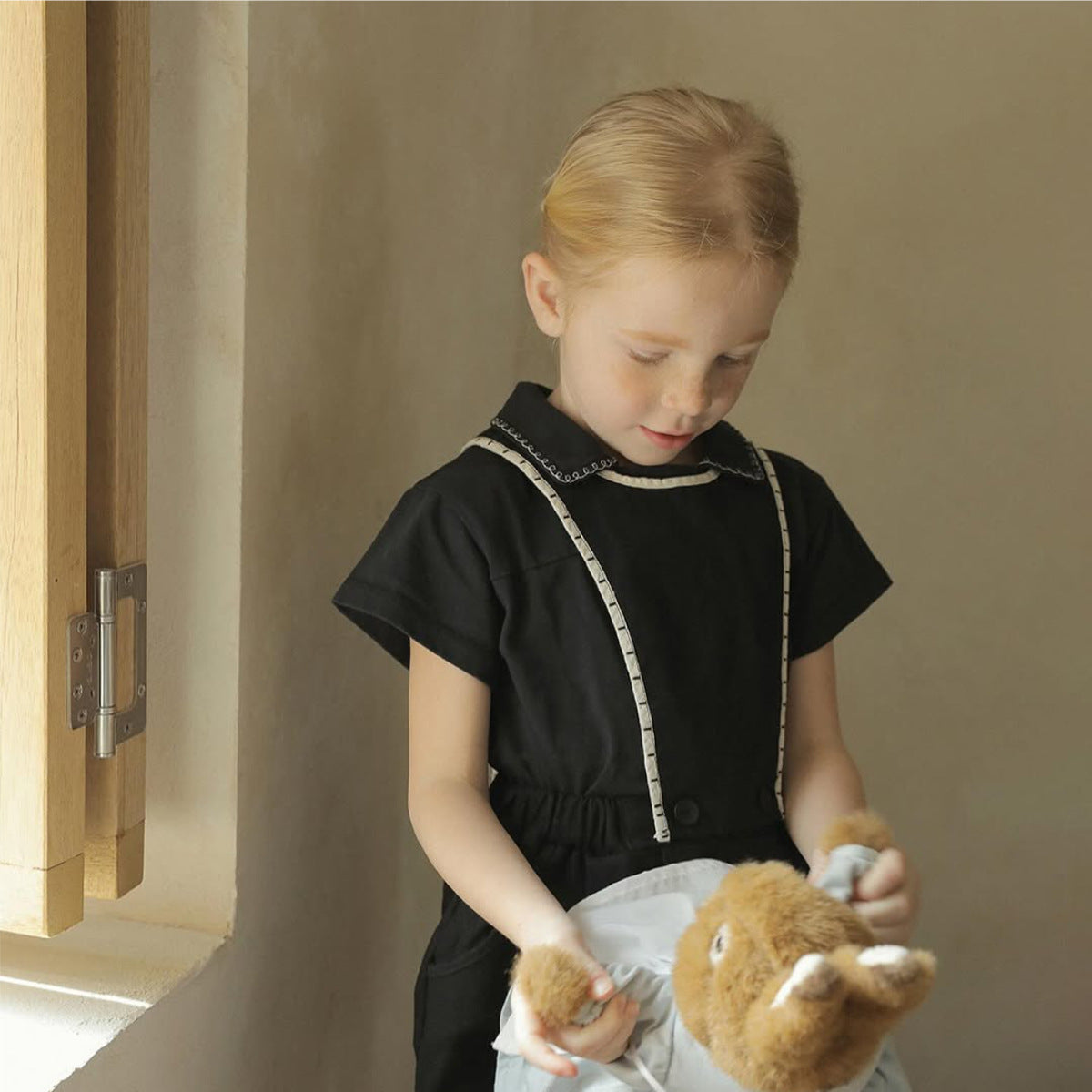 Summer Baby Kids Unisex Lace Trim Turn-down Collar Short Sleeves Casual Top Shirt and Black Overalls, MyKids-USA®, Baby & Toddler Outfits, MyKids-USA -  -  -  -  -  -  - 