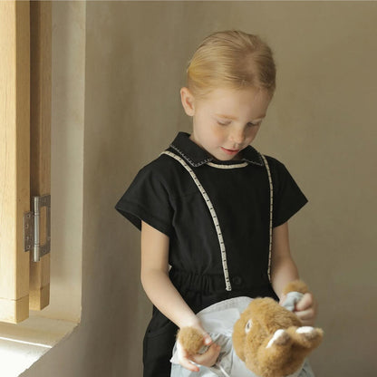 Summer Baby Kids Unisex Lace Trim Turn-down Collar Short Sleeves Casual Top Shirt and Black Overalls, MyKids-USA®, Baby & Toddler Outfits, MyKids-USA -  -  -  -  -  -  - 