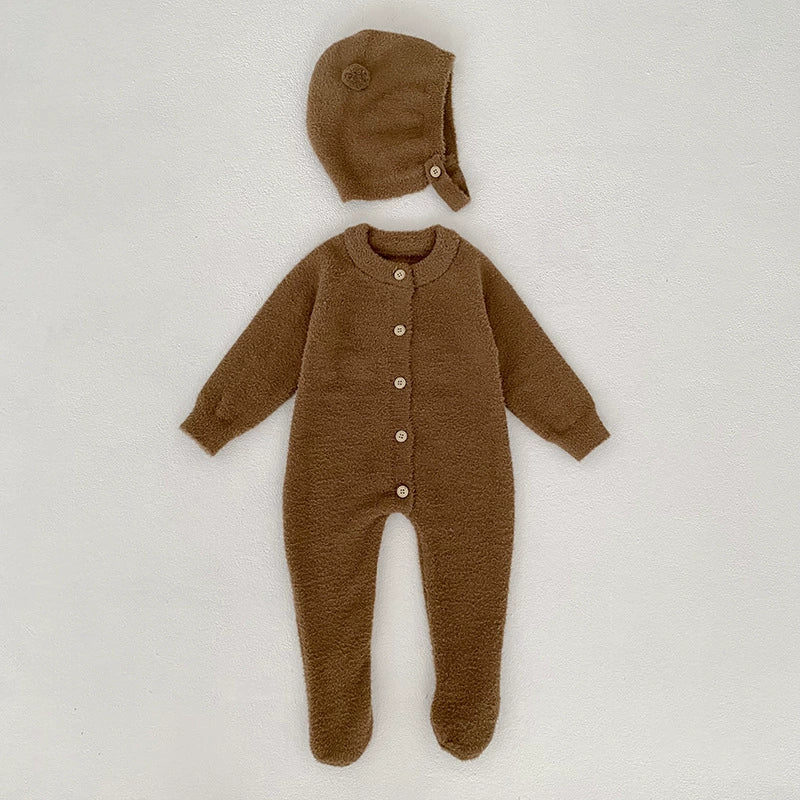 Autumn and Winter Arrival Unisex Baby’s Solid Color Crew Neck Fluffy Rompers, MyKids-USA®, Baby One-Pieces, MyKids-USA - Size/Age - 66 (3-6M) - Color - Brown -  -  - TR2507302355-B