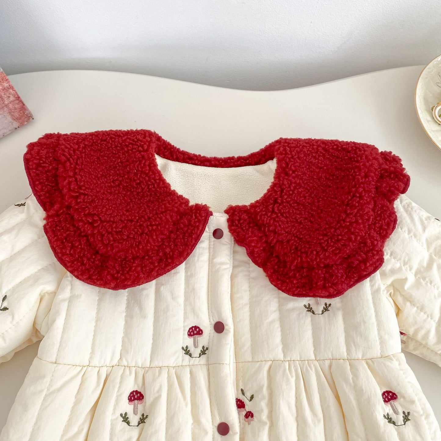 Winter Arrival Baby Girls Long Sleeves Mushrooms Pattern Embroidered Fleece-Lined Warm Rompers, MyKids-USA®, Baby One-Pieces, MyKids-USA -  -  -  -  -  -  - 