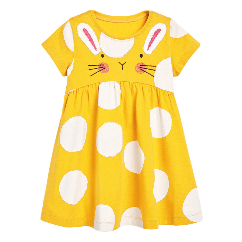 Baby Kids Girls Crew Neck Polka Dots Rabbit Design Short Sleeves Dress