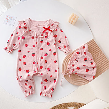 Spring New Design Long Sleeves Strawberry Print Single Breasted Rompers