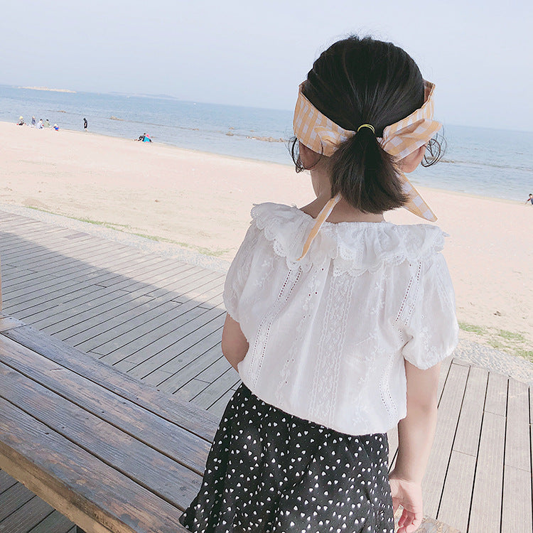 Summer New Arrival Girls Short Sleeves Solid Color Floral Pattern Embroidery Big Collar Top Shirt