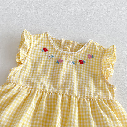 Design Summer Baby Kids Girls Fly Sleeves Plaid and Cartoon Pattern Bodysuit Dress