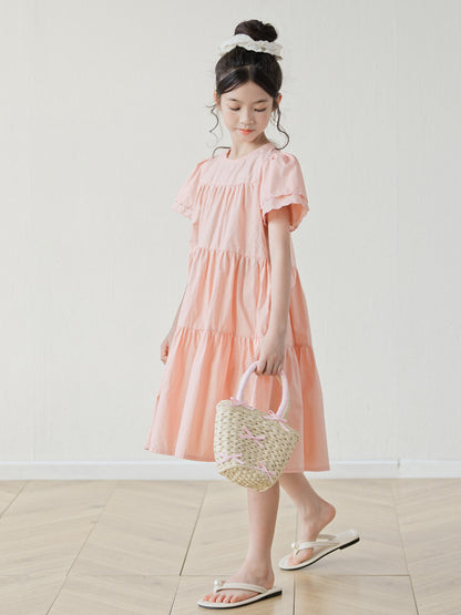 Summer Arrival Short Sleeves Pink Solid Color Dress for Stylish Girls