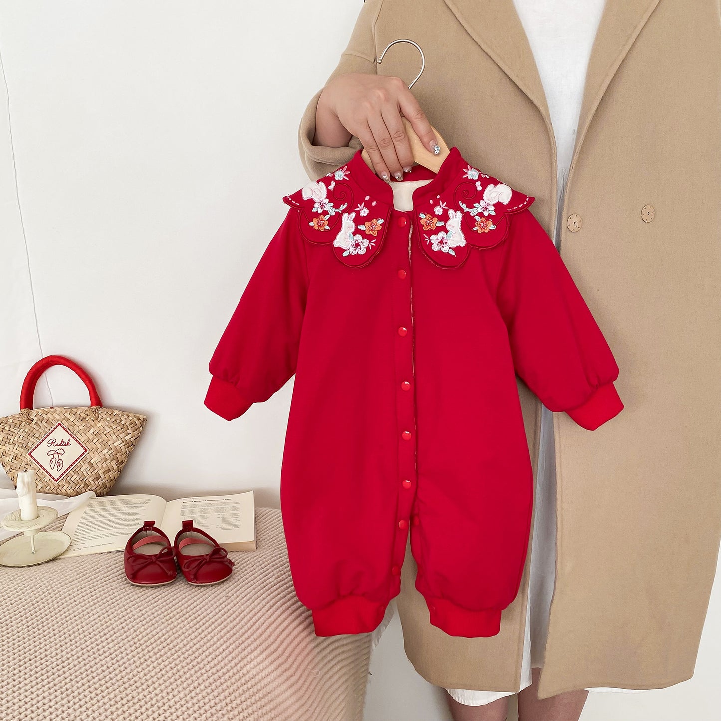 Infant Baby Girls Thick Warm Long Sleeve Rabbits Floral Knitted Round Collar Red Romper