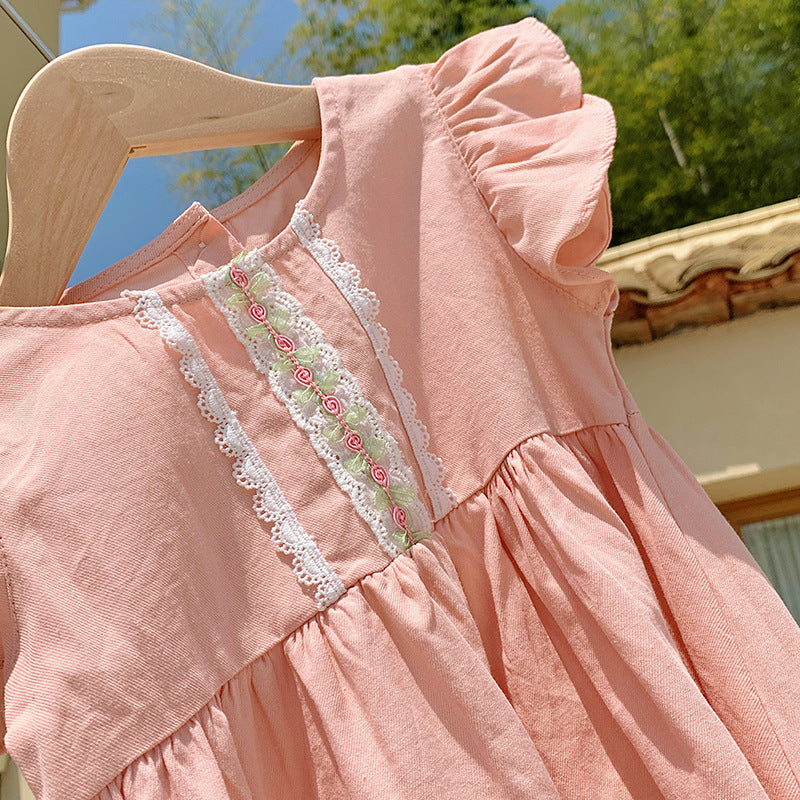 Summer New Arrival Kids Girls Fly Sleeves Lace Decorated Simple Princess Dress