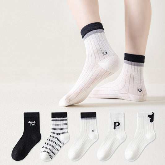 Summer and Spring Baby Kids Breathable Cute Dots and Striped Pattern Socks 5-Pair Set, MyKids-USA®, Baby & Toddler Socks & Tights, MyKids-USA - Size/Age - S (0-2Y) - Color - White -  -  - TR2604282252-C.