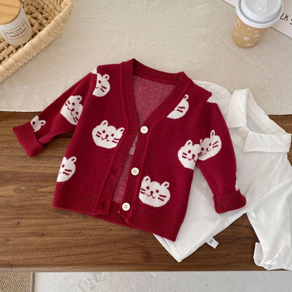 Winter and Autumn Baby Kids Girls Long Sleeves Solid Color Top Shirt, Knitted Pants and Cartoon Pattern Cardigan Clothing Set