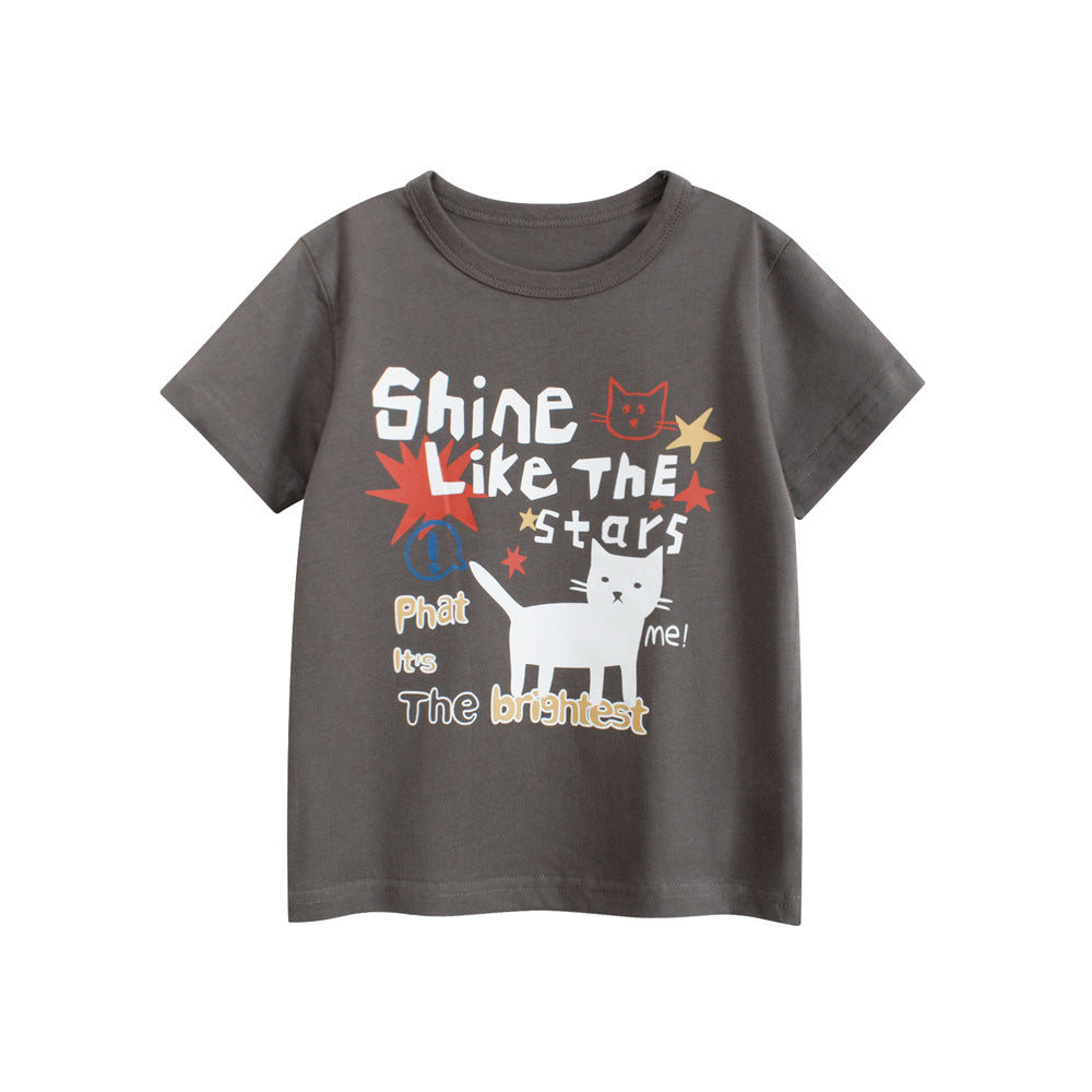 Summer Girls’ Cartoon Cats and Letters Pattern Printed T-shirt in European and American Style, MyKids-USA®, Baby & Toddler Tops, MyKids-USA - Size/Age - 90 (12-24M) - Color - Grey -  -  - TR2506171643-A