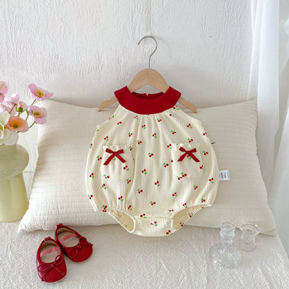 Summer Arrival Baby Girls Sleeveless Embroidery Tulle Decorated Onesies with Cherry Pattern, MyKids-USA®, Baby One-Pieces, MyKids-USA - Size/Age - 66 (3-6M) - Color - Beige -  -  - TR2506192038-A