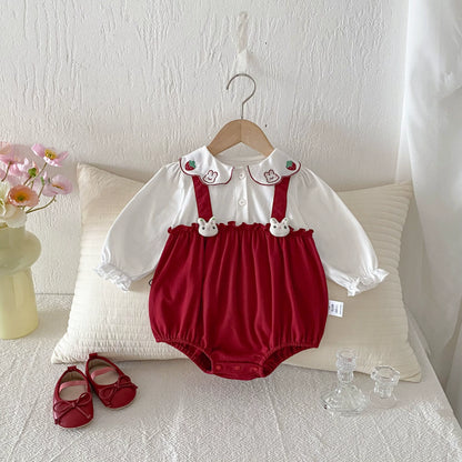 Autumn Arrival Baby Girls Long Sleeves Strawberry and Rabbit Pattern Color Patchwork Onesies, MyKids-USA®, Baby One-Pieces, MyKids-USA - Size/Age - 66 (3-6M) - Color - Red -  -  - TR2508122248-A