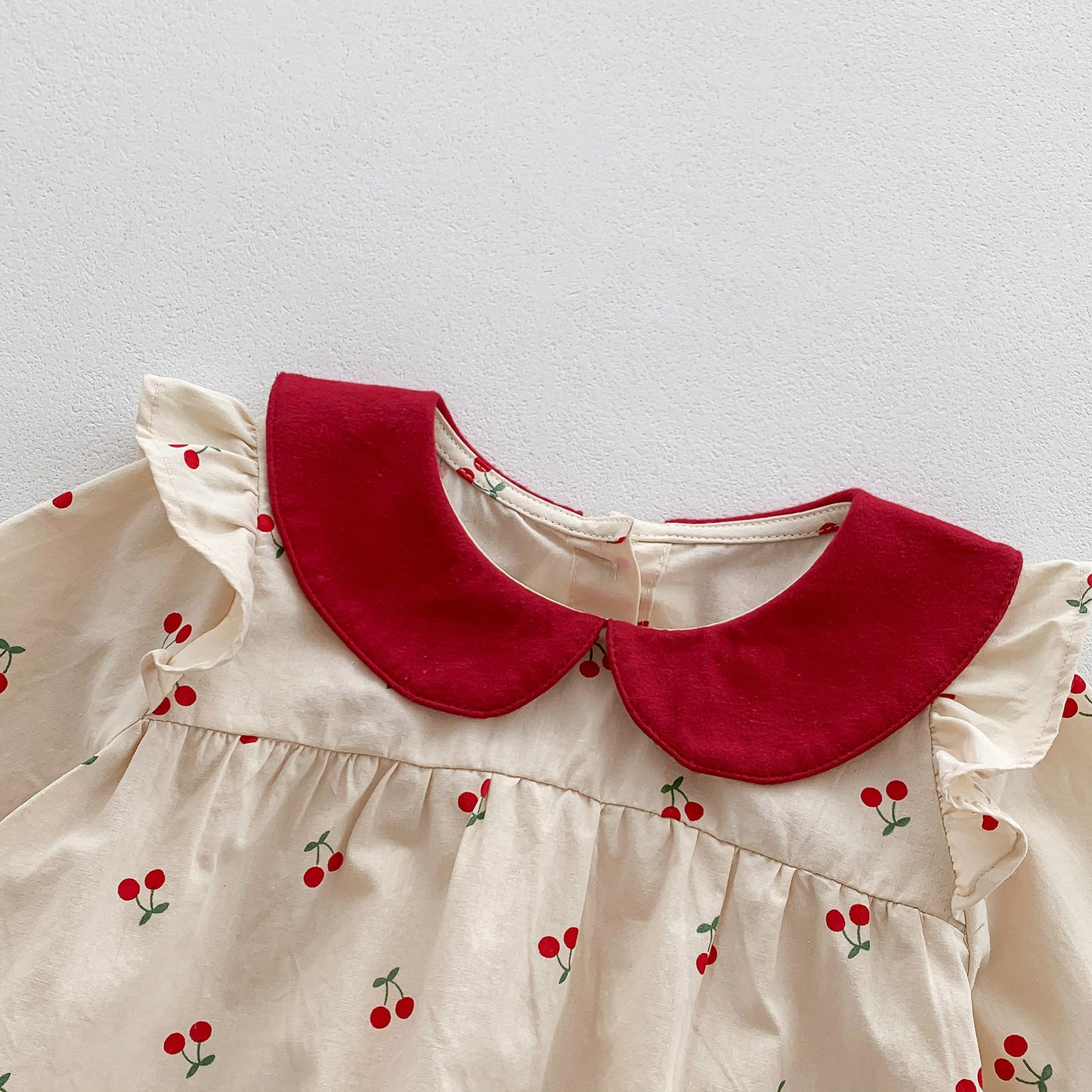 New Arrival Baby Cherry Printing Onesie For Girls With Peter Pan Collar