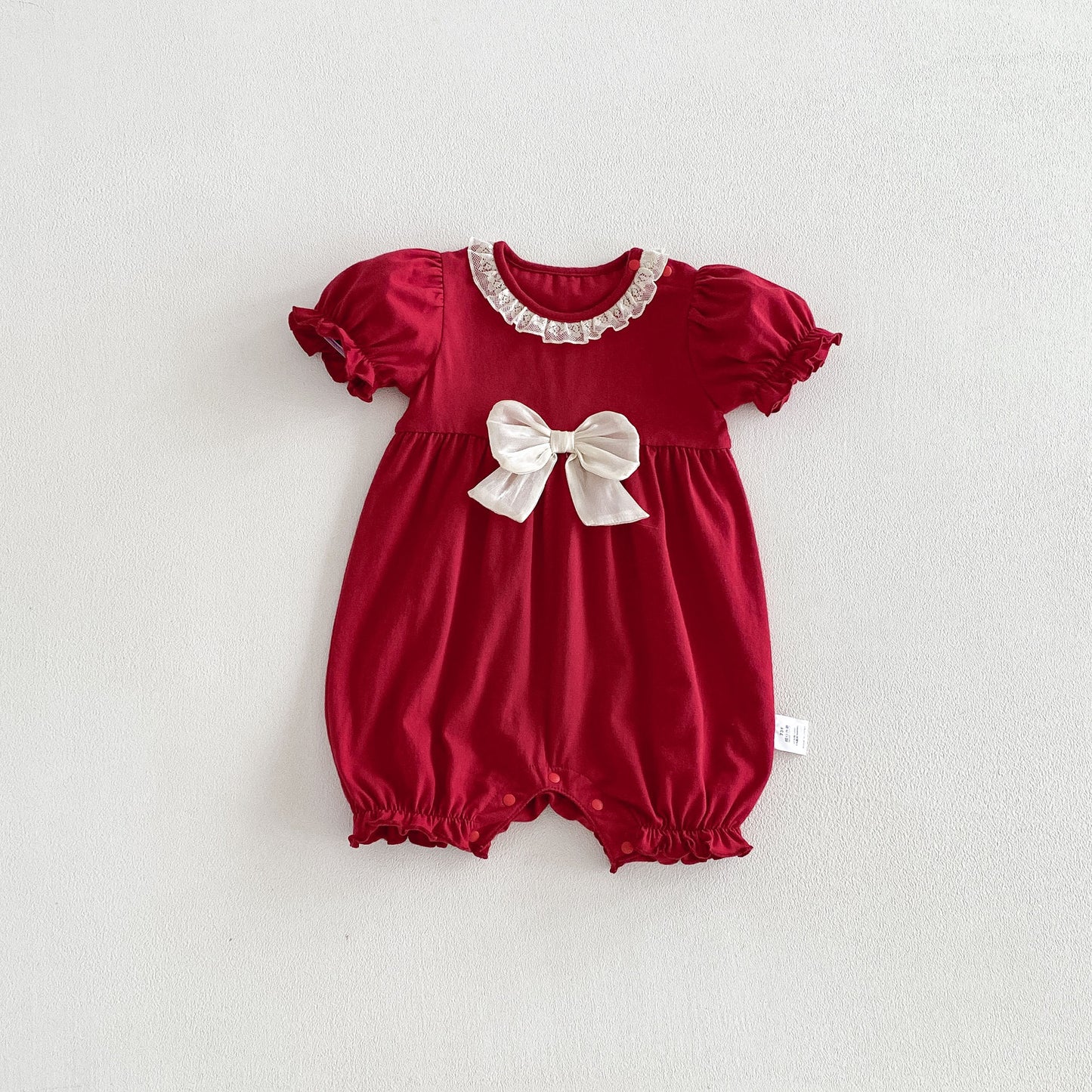 Arrival Summer Baby Kids Girls Short Sleeves Lace Trim Red Rompers