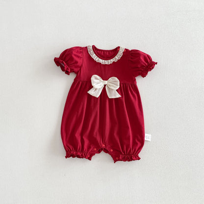 Arrival Summer Baby Kids Girls Short Sleeves Lace Trim Red Rompers