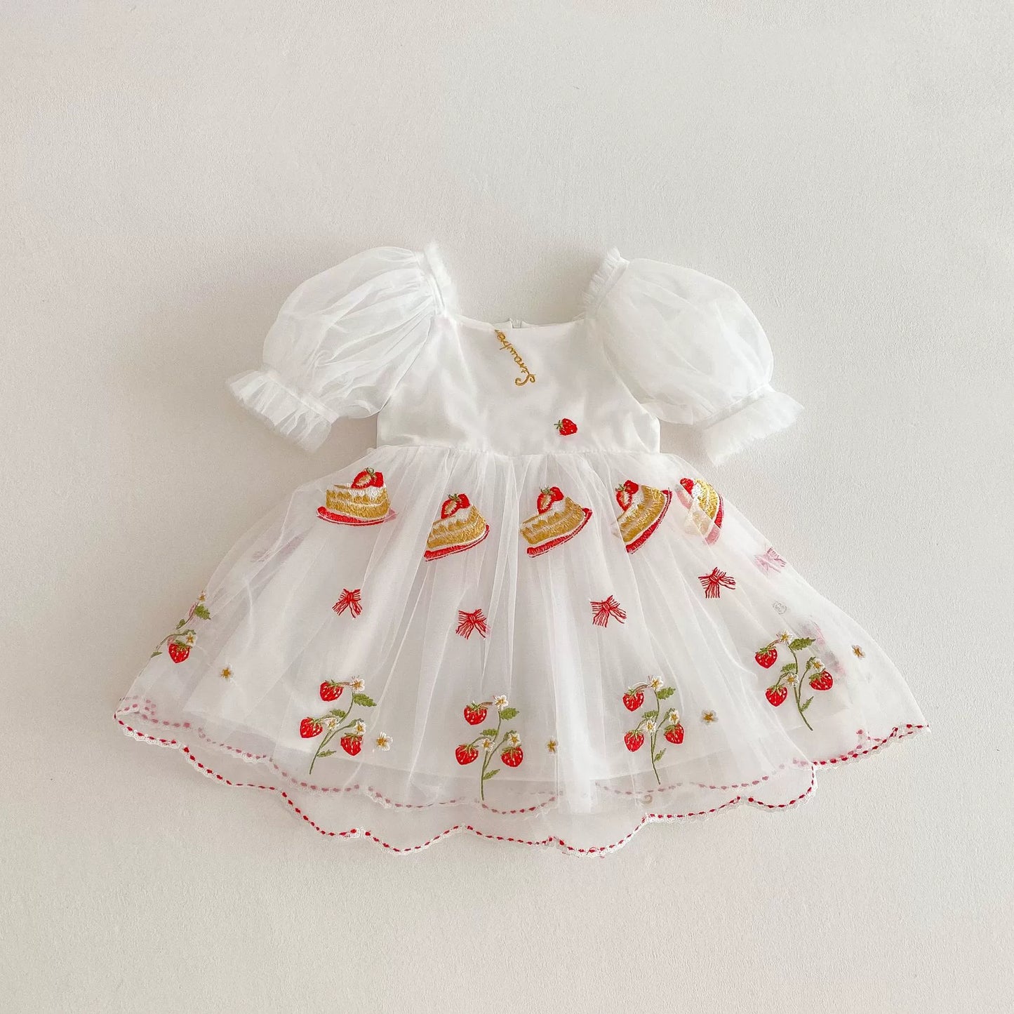 Summer Arrival Baby Girls Flowers and Fruits Embroidered Tulle Design Short Sleeves Dress, MyKids-USA®, Baby & Toddler Dresses, MyKids-USA - Size/Age - 90 (12-24M) - Color - White -  -  - TR2506142003-B
