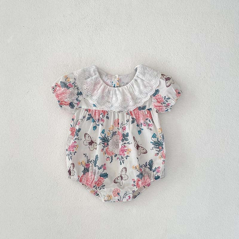 New Arrival Summer Girls Hollow-Out Floral Collar Short Sleeves Floral Print Onesies And Dress – Princess Sister Matching Set