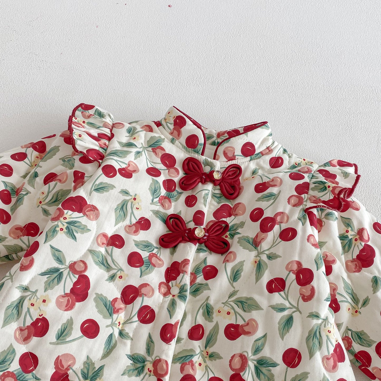 Winter Arrival Baby Girls Long Sleeves Cherry Pattern Fleece-Lined Rompers