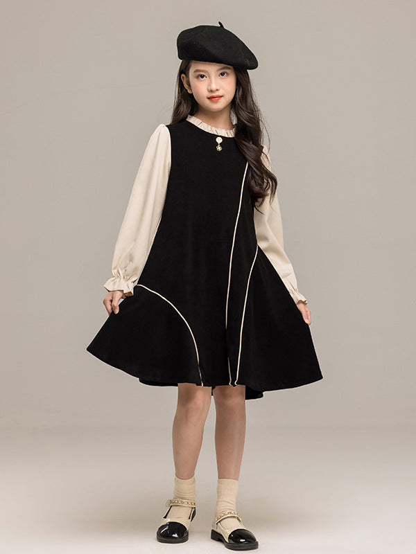 Autumn Arrival Long Sleeves Color Patchwork Dress for Stylish Girls