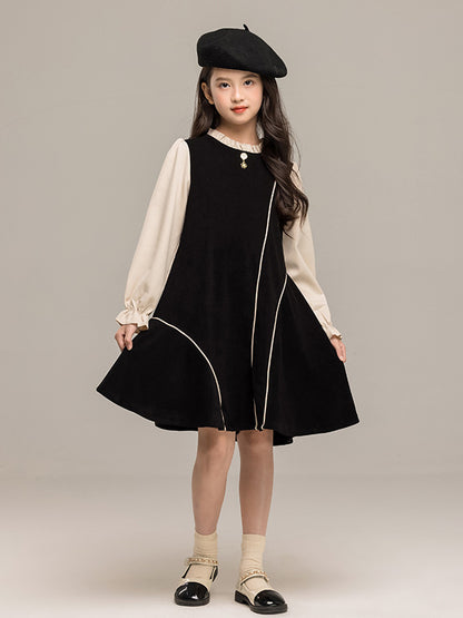 Autumn Arrival Long Sleeves Color Patchwork Dress for Stylish Girls