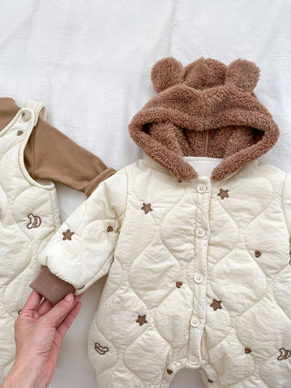 Infant Baby Star Embroidery Thicken Long Sleeve Jumpsuit In Winter