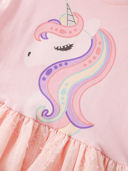 Summer Baby Kids Girls Short Sleeves Cartoon Unicorn Pattern Dress