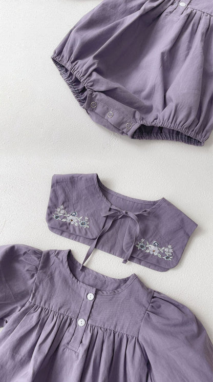 MyKids-USA® Autumn Baby Girls Purple Long-sleeved Bodysuit and Dress with Embroidered Capelet Shawl – Princess Sister Matching Set