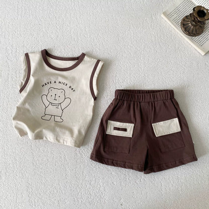 Summer Hot Selling Baby Kids Boys Sleeveless Teddy Bear Pattern Top Vest and Shorts Clothing Set, MyKids-USA®, Baby & Toddler Outfits, MyKids-USA - Size/Age - 73 (6-9M) - Color - Beige -  -  - TR2506232118-A