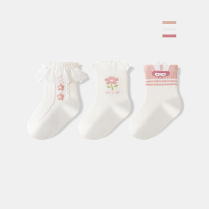 Autumn and Spring Baby Girls Breathable Cartoon Pattern Socks 1 Lot=3-Pair Set, MyKids-USA®, Baby & Toddler Socks & Tights, MyKids-USA - Size/Age - XS (0-6M) - Color - White -  -  - TR2601231630-E.