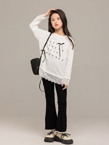 Arrival Autumn Kids Girls Long Sleeves Letters Pattern Top and Black Flared Pants Sets
