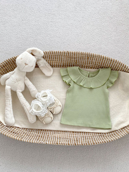 Summer Collection: Girls’ Fly Sleeves Ruffle Collar Solid Color Top, MyKids-USA®, Baby & Toddler Tops, MyKids-USA - Size/Age - 66 (3-6M) - Color - Green -  -  - TR2403292110-B