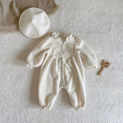 Autumn and Winter Arrival Baby Girls Long Sleeves Lace Pattern Fleece-Lined Rompers
