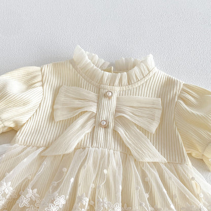 Design Summer Baby Kids Girls Short Sleeves Flowers Embroidery Pattern Tulle Bodysuit Dress
