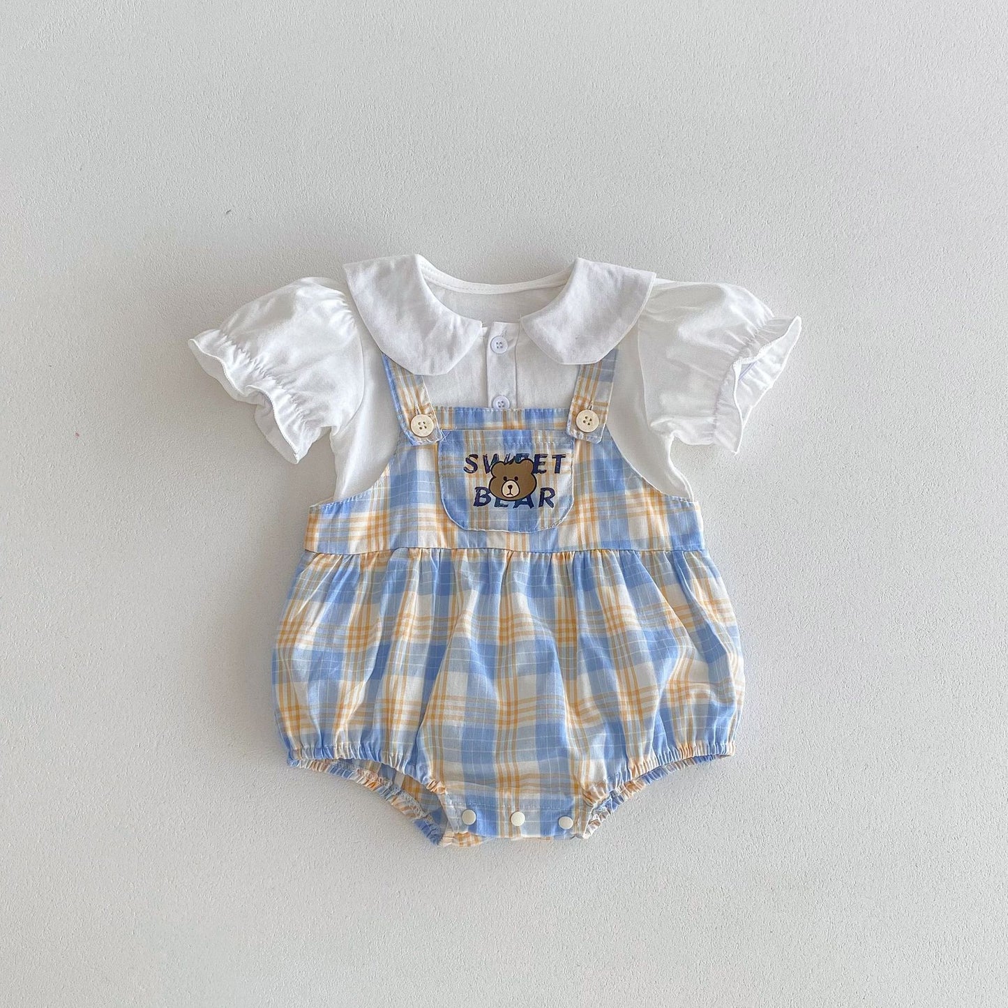 Summer Boys And Girls Yellow-Blue Plaid Teddy Pattern Onesies – Brother And Sister Matching Set