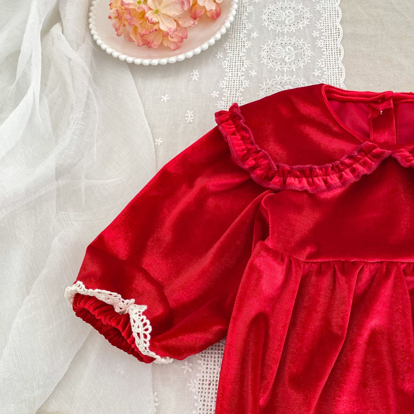Autumn Baby Girls Plain Lace Trim Long-sleeved Peter Pan Collar Bodysuit and Dress – Princess Sister Matching Set