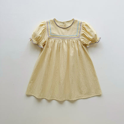 Summer Arrival Baby Girls Short Sleeves Colorful Lace Trim Pattern Dress, MyKids-USA®, Baby & Children's Dresses, MyKids-USA - Size/Age - 90 (12-24M) - Color - Yellow -  -  - TR2604142325-B.