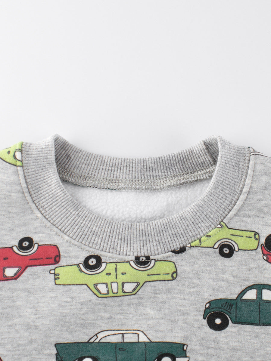 Baby Boys Automobile Cars Cartoon Crew Neck Long Sleeve Grey Pullover
