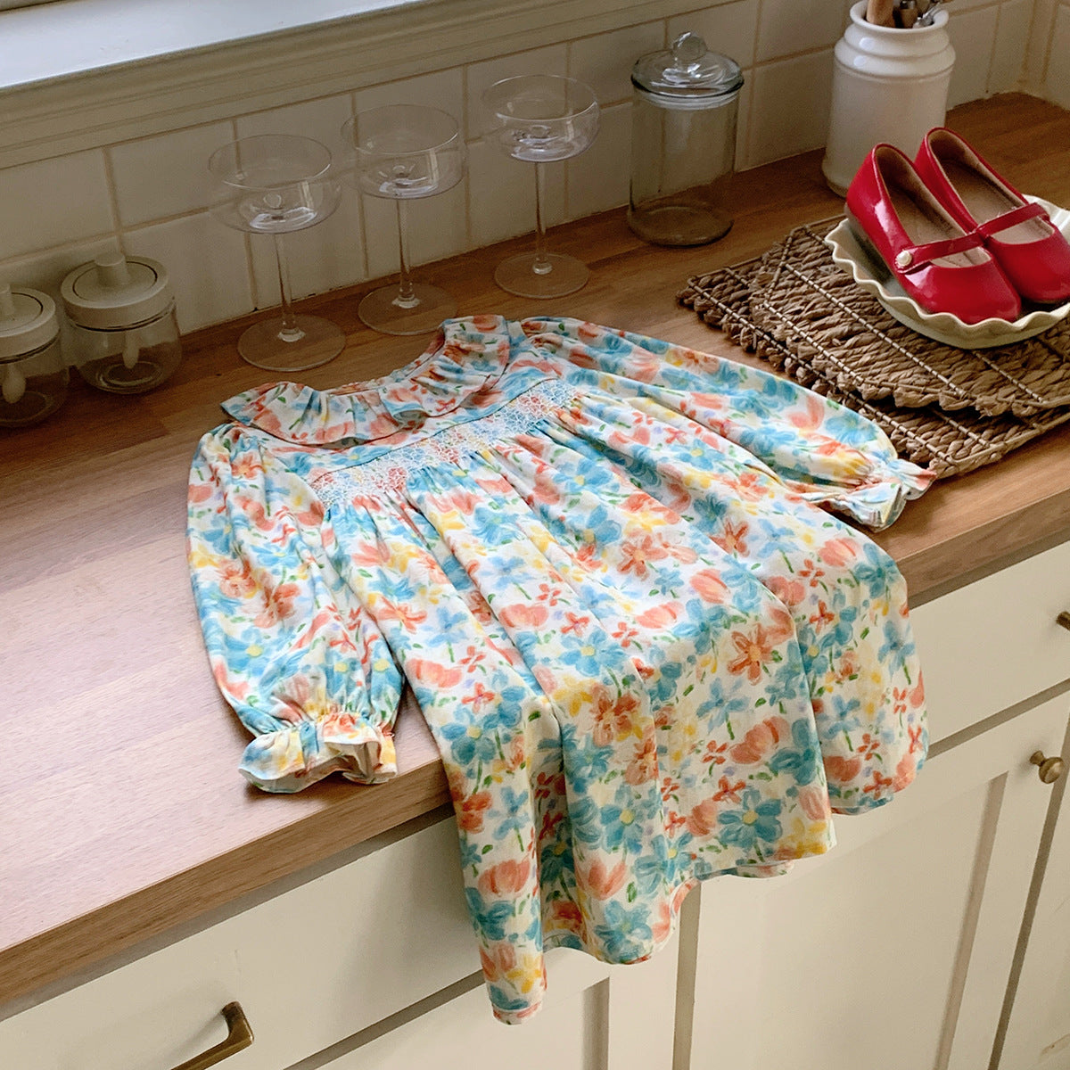 Arrival Autumn Girls Cute Colorful Flowers Painting Pattern Long Sleeves Dress with Ruffle Collar, MyKids-USA®, Baby & Toddler Bottoms, MyKids-USA -  -  -  -  -  -  - 