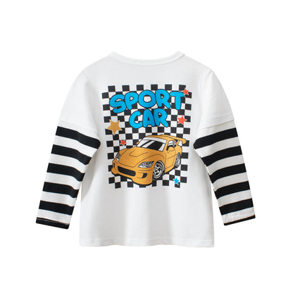 Autumn Baby Kids Boys Letters and Cartoon Print Striped Long Sleeves Crew Neck Color Patchwork Top Shirt, MyKids-USA®, Baby & Toddler Tops, MyKids-USA -  -  -  -  -  -  - 