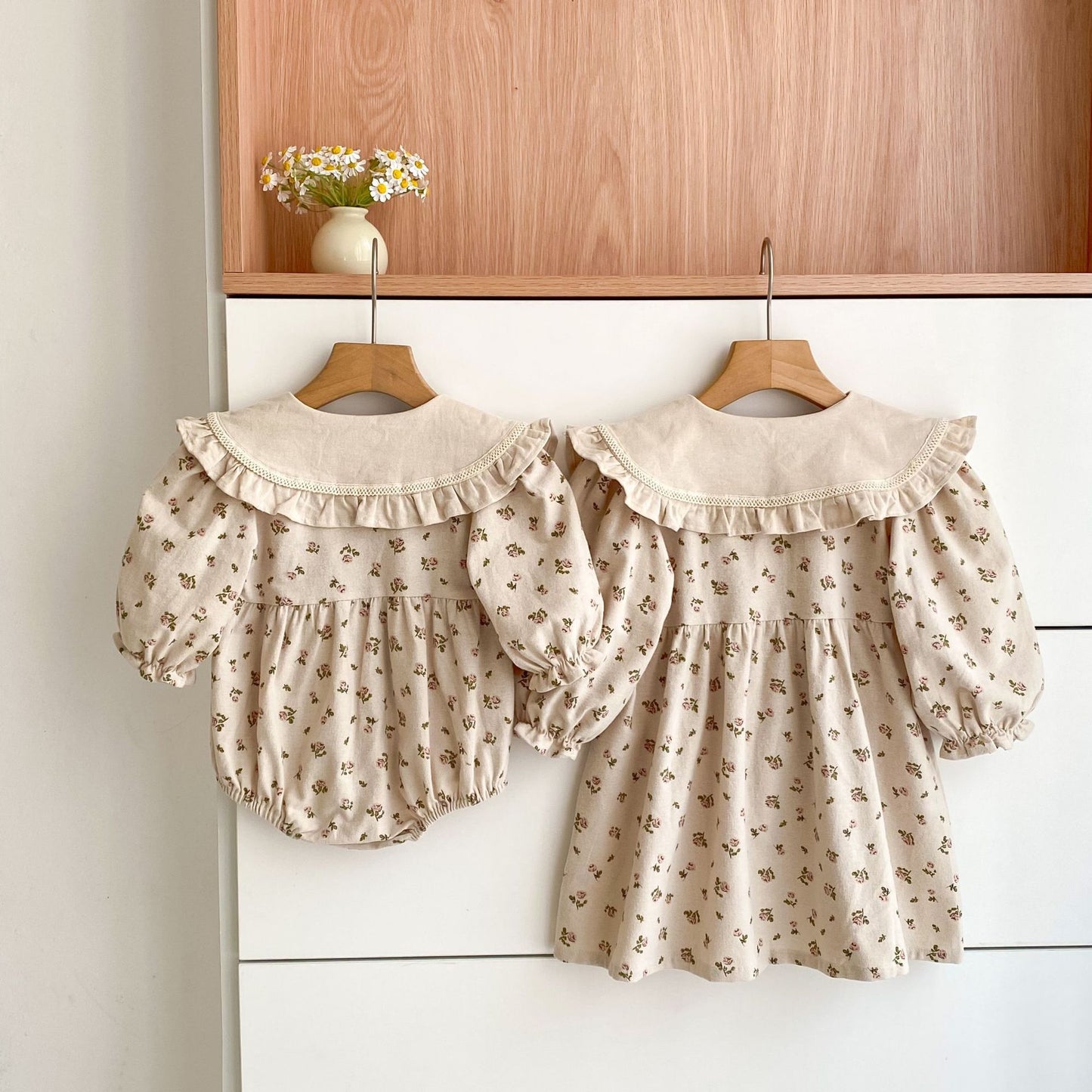 Arrival Spring and Autumn Flowers Pattern Baby Kids Girls Turn-down Collar Onesies and Dress – Princess Sister Matching Set