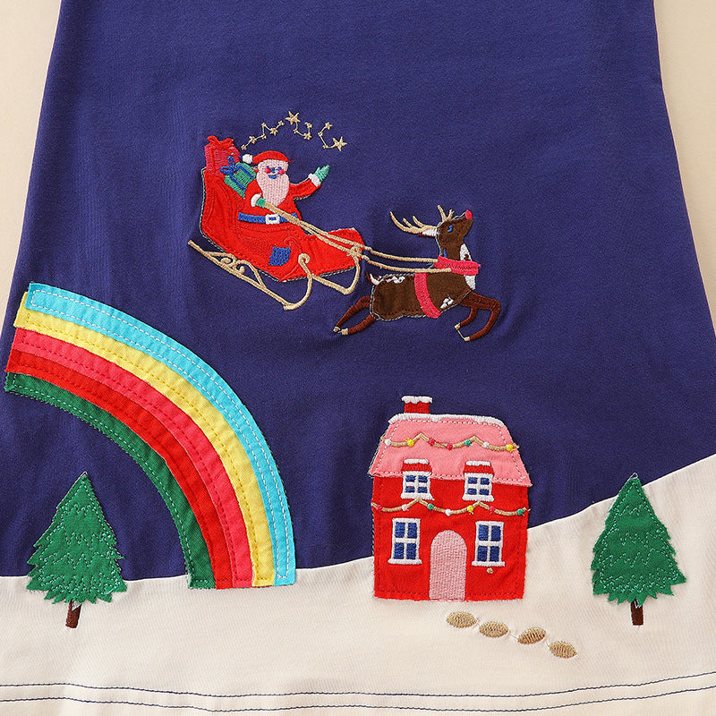 Girls’ Navy Blue Christmas Cartoon Pattern Embroidery Dress