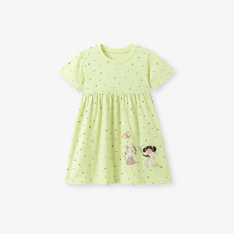 Summer Arrival Cartoon and Flowers Pattern Short Sleeves Dress for Stylish Girls