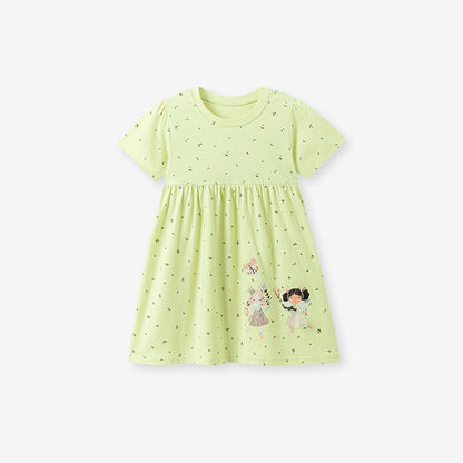 Summer Arrival Cartoon and Flowers Pattern Short Sleeves Dress for Stylish Girls