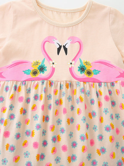 Summer Hot Selling Cute Birds Cartoon Pattern Short Sleeves Floral Dress