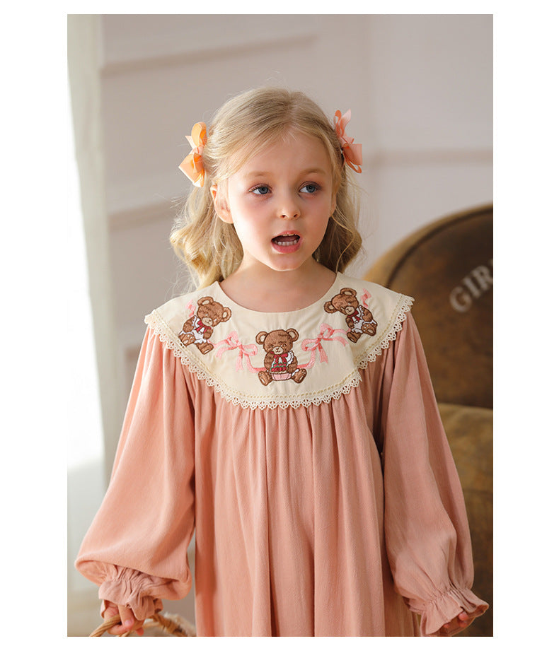 Arrival Autumn Girls Pink Long Sleeves Dress with Teddy Embroidery Collar, MyKids-USA®, Baby & Toddler Dresses, MyKids-USA -  -  -  -  -  -  - 