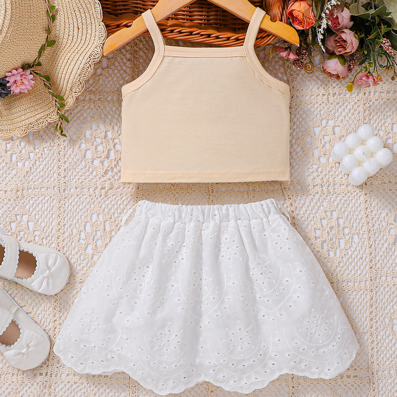 Summer Baby Kids Girls Sleeveless Embroidered Pattern Vest and White Skirt Set
