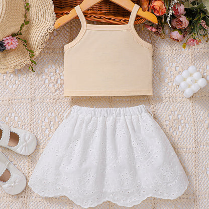 Summer Baby Kids Girls Sleeveless Embroidered Pattern Vest and White Skirt Set