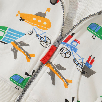 Boys’ Outerwear: Hooded Zip-Up Transportation Cartoon Pattern Coat With Long Sleeves For Children