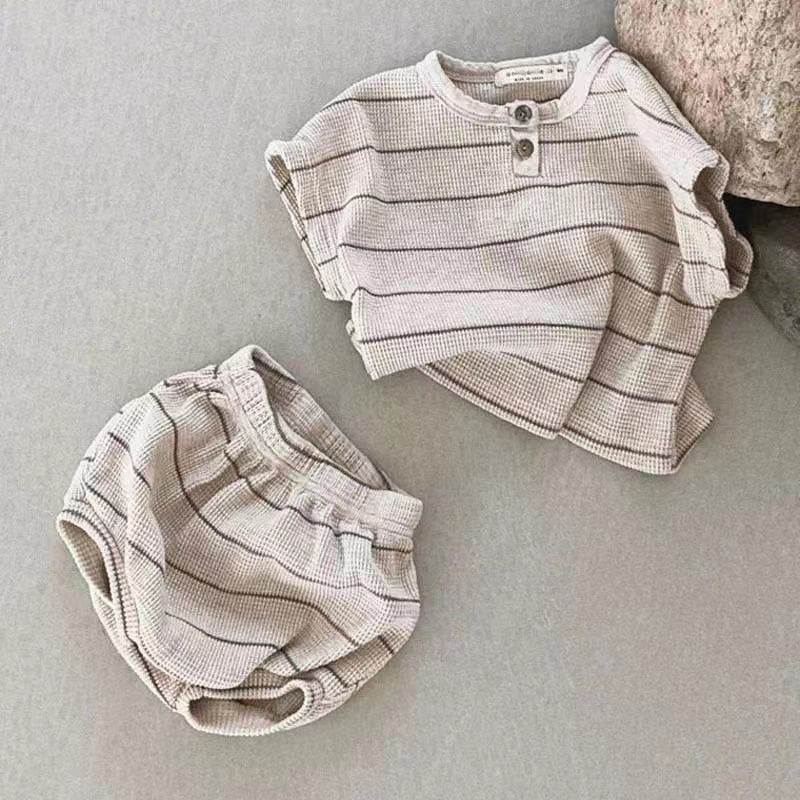 Baby Kids Unisex Striped Short Sleeves Waffle Grid Top And Shorts Casual Clothing Set