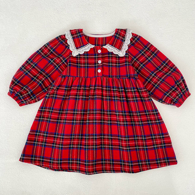 Autumn Baby Girls Plaid Pattern Long-sleeved Turn-down Collar Onesies and Dress – Princess Sister Matching Set